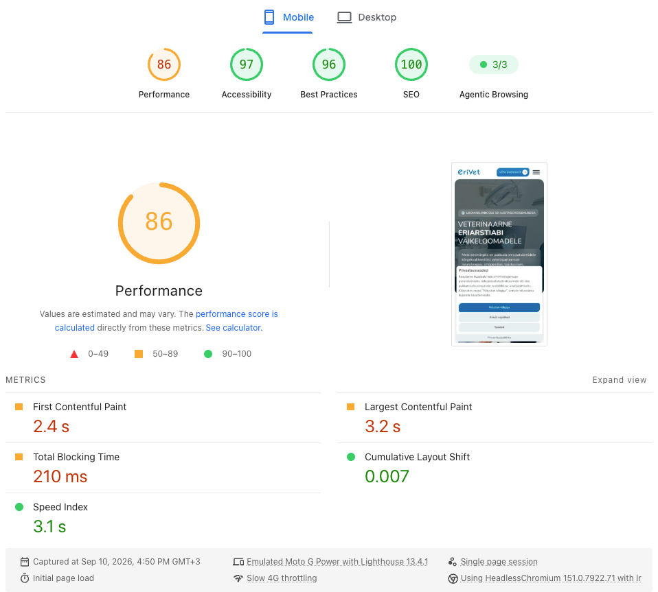 Результат PageSpeed Insights для EriVet на мобильном