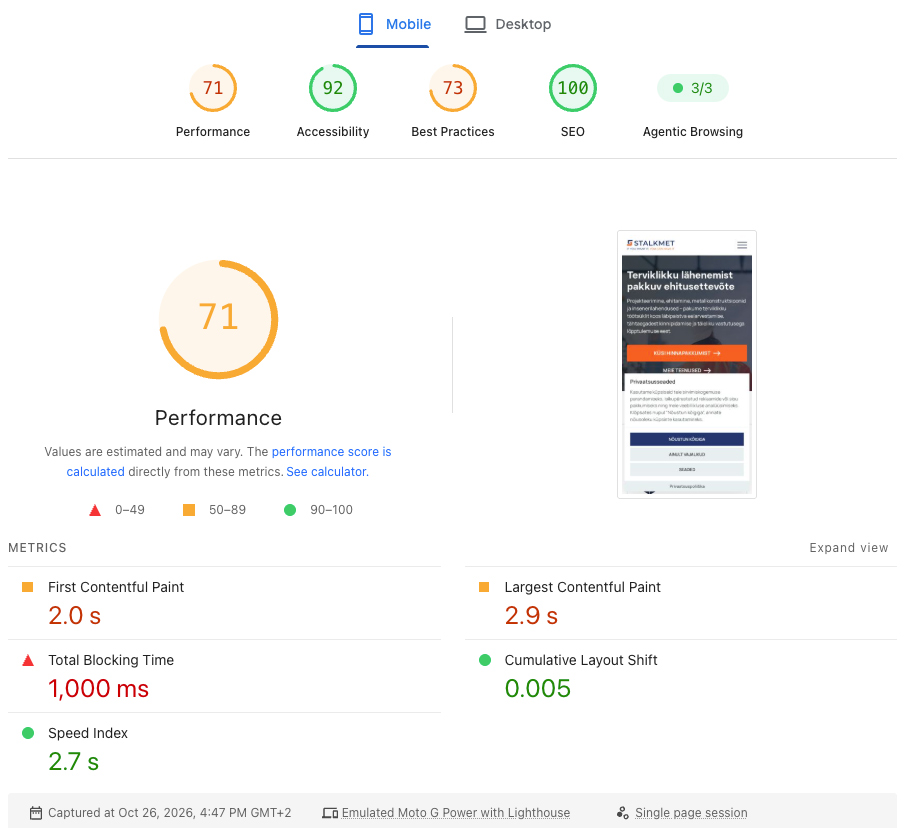 Stalkmeti PageSpeed Insightsi tulemus mobiilis